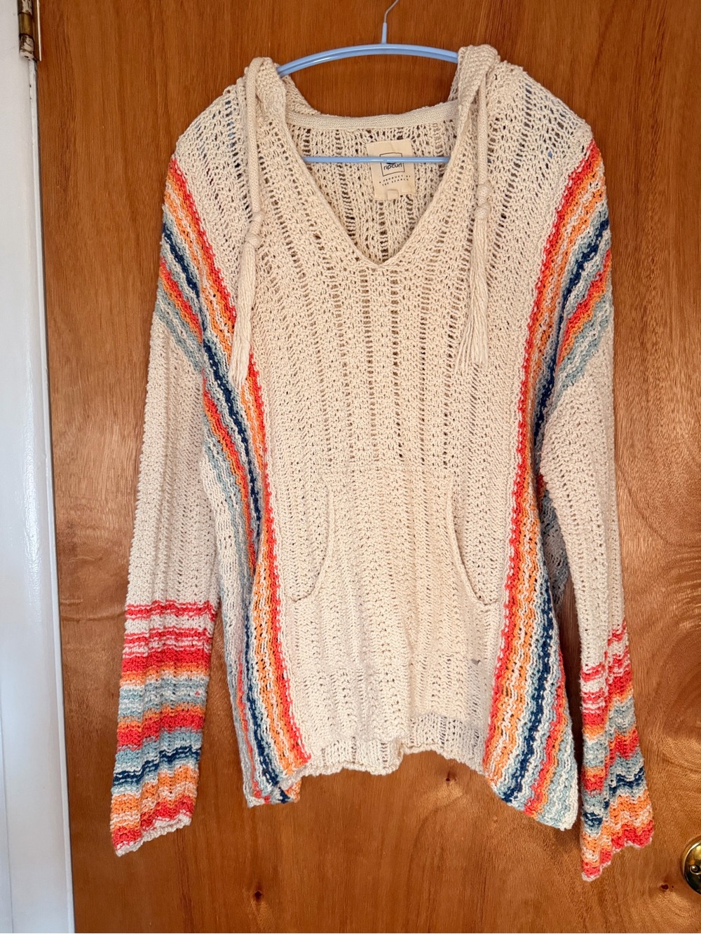 Rip Curl Cream Crochet V-Neck Hoodie with Multicolor Stripes